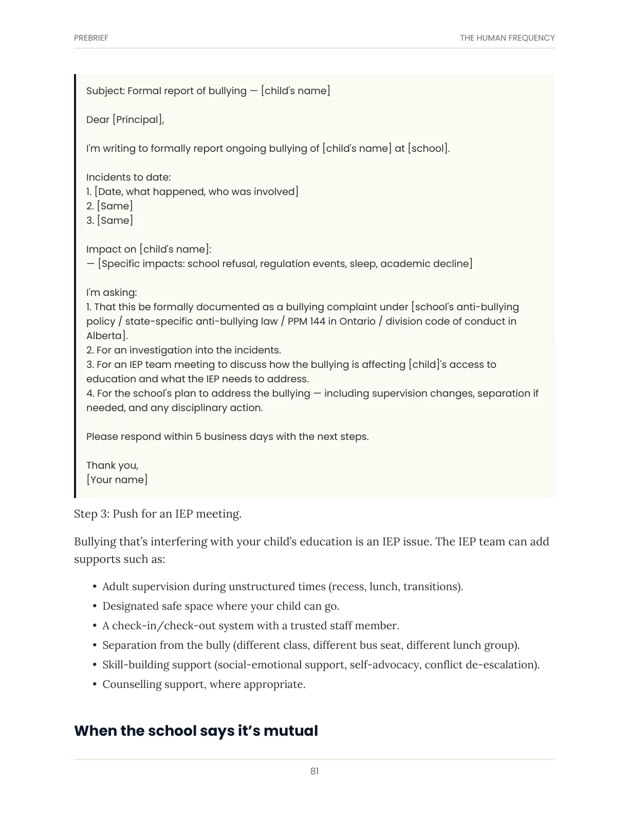 Toolkit page: a formal bullying report letter template with bracketed placeholders